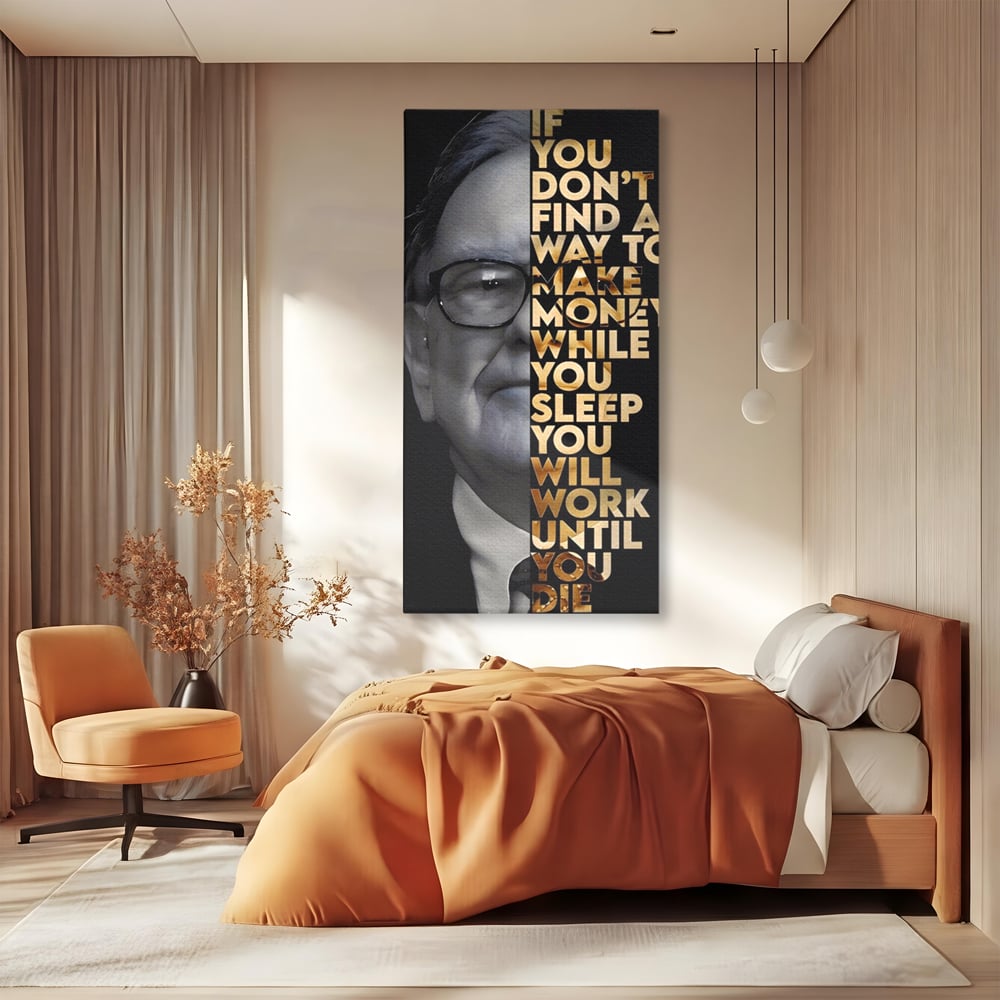 Tablou canvas cu tablou canvas cu warren buffett, fara rama, pe sasiu de lemn, pe perete intr-un dormitor